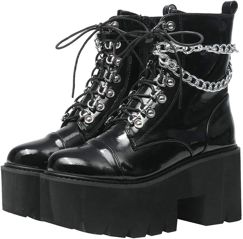 Parisuit Womens Goth Patent Ankle Boots Platform Chunky High Heel Lace Up Combat Boots Punk Short Booties