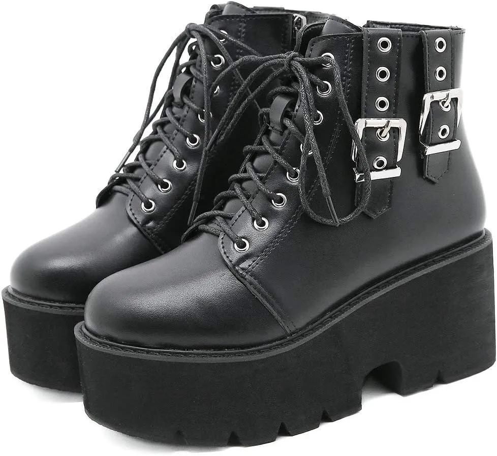 Parisuit Womens Goth Patent Ankle Boots Platform Chunky High Heel Lace Up Combat Boots Punk Short Booties