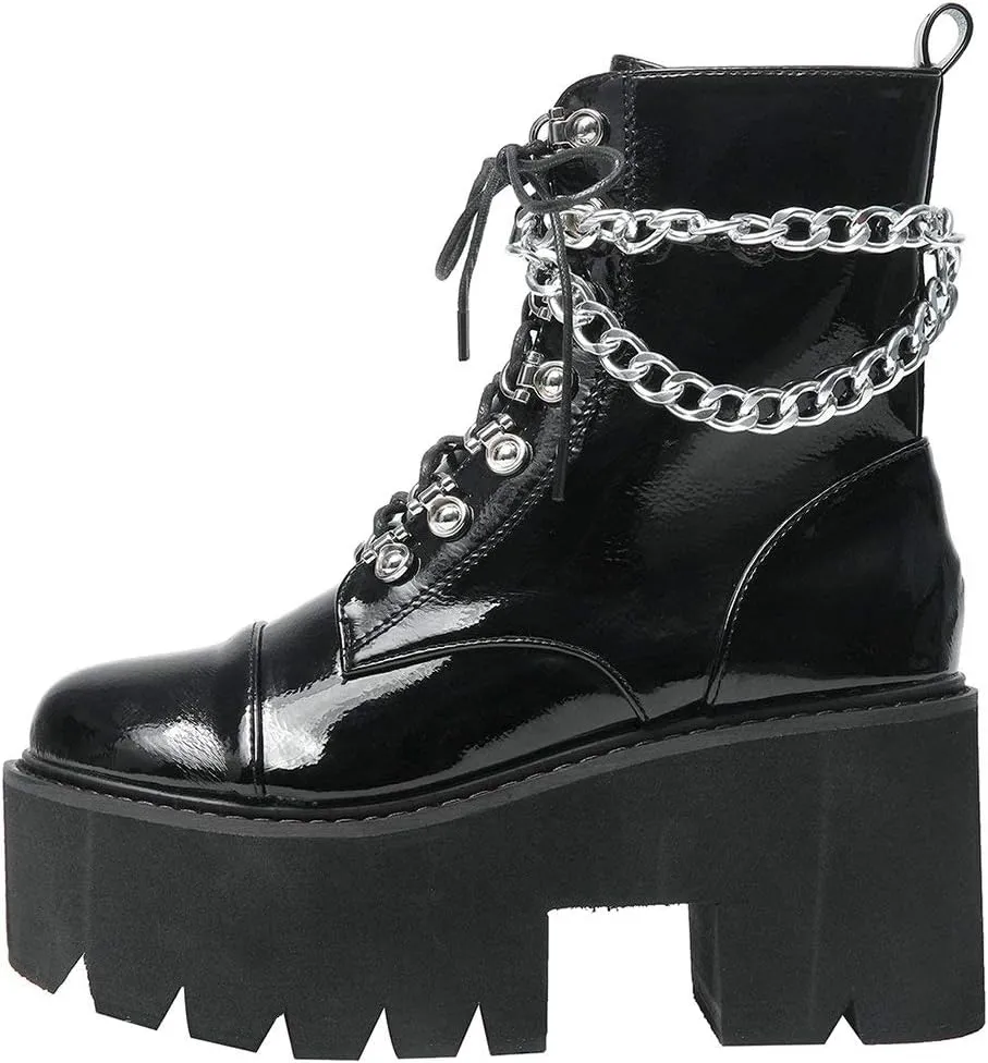 Parisuit Womens Goth Patent Ankle Boots Platform Chunky High Heel Lace Up Combat Boots Punk Short Booties
