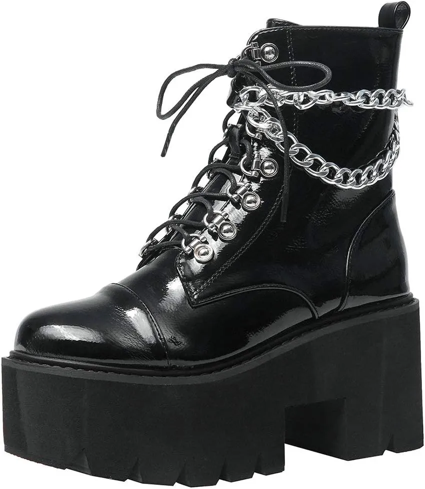 Parisuit Womens Goth Patent Ankle Boots Platform Chunky High Heel Lace Up Combat Boots Punk Short Booties