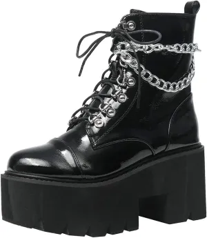 Parisuit Womens Goth Patent Ankle Boots Platform Chunky High Heel Lace Up Combat Boots Punk Short Booties