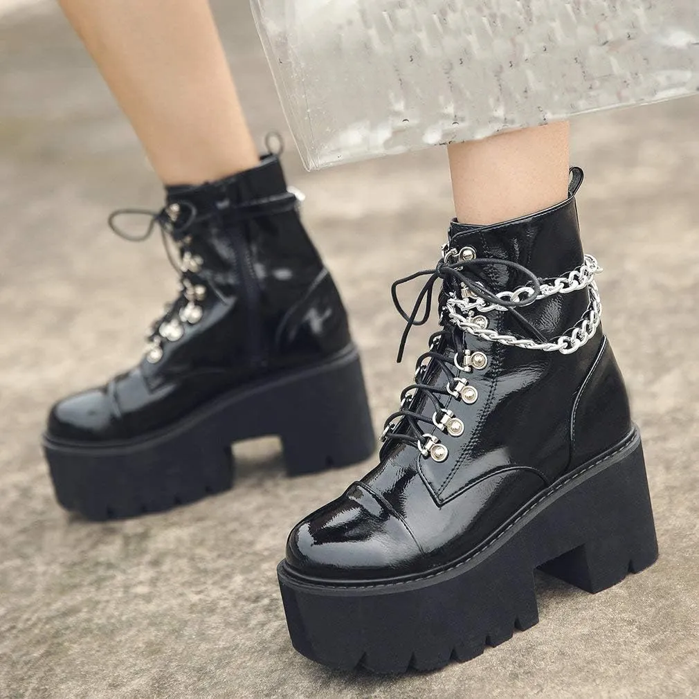 Parisuit Womens Goth Patent Ankle Boots Platform Chunky High Heel Lace Up Combat Boots Punk Short Booties