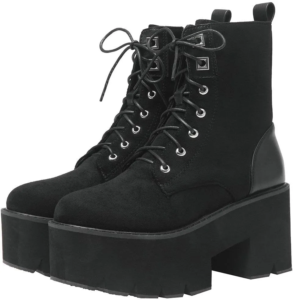 Parisuit Womens Goth Patent Ankle Boots Platform Chunky High Heel Lace Up Combat Boots Punk Short Booties