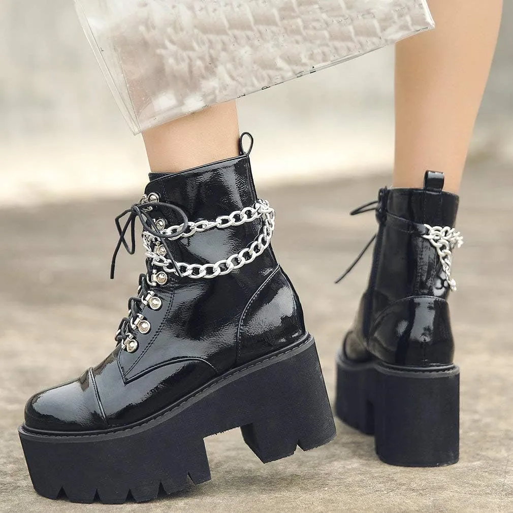 Parisuit Womens Goth Patent Ankle Boots Platform Chunky High Heel Lace Up Combat Boots Punk Short Booties