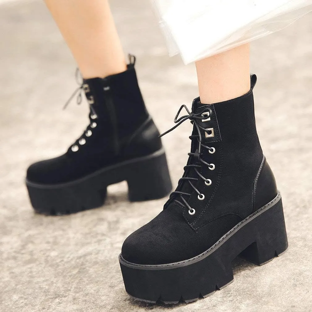 Parisuit Womens Goth Patent Ankle Boots Platform Chunky High Heel Lace Up Combat Boots Punk Short Booties