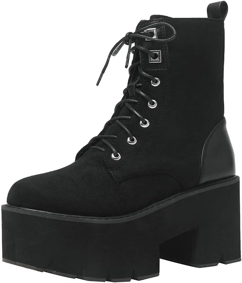 Parisuit Womens Goth Patent Ankle Boots Platform Chunky High Heel Lace Up Combat Boots Punk Short Booties