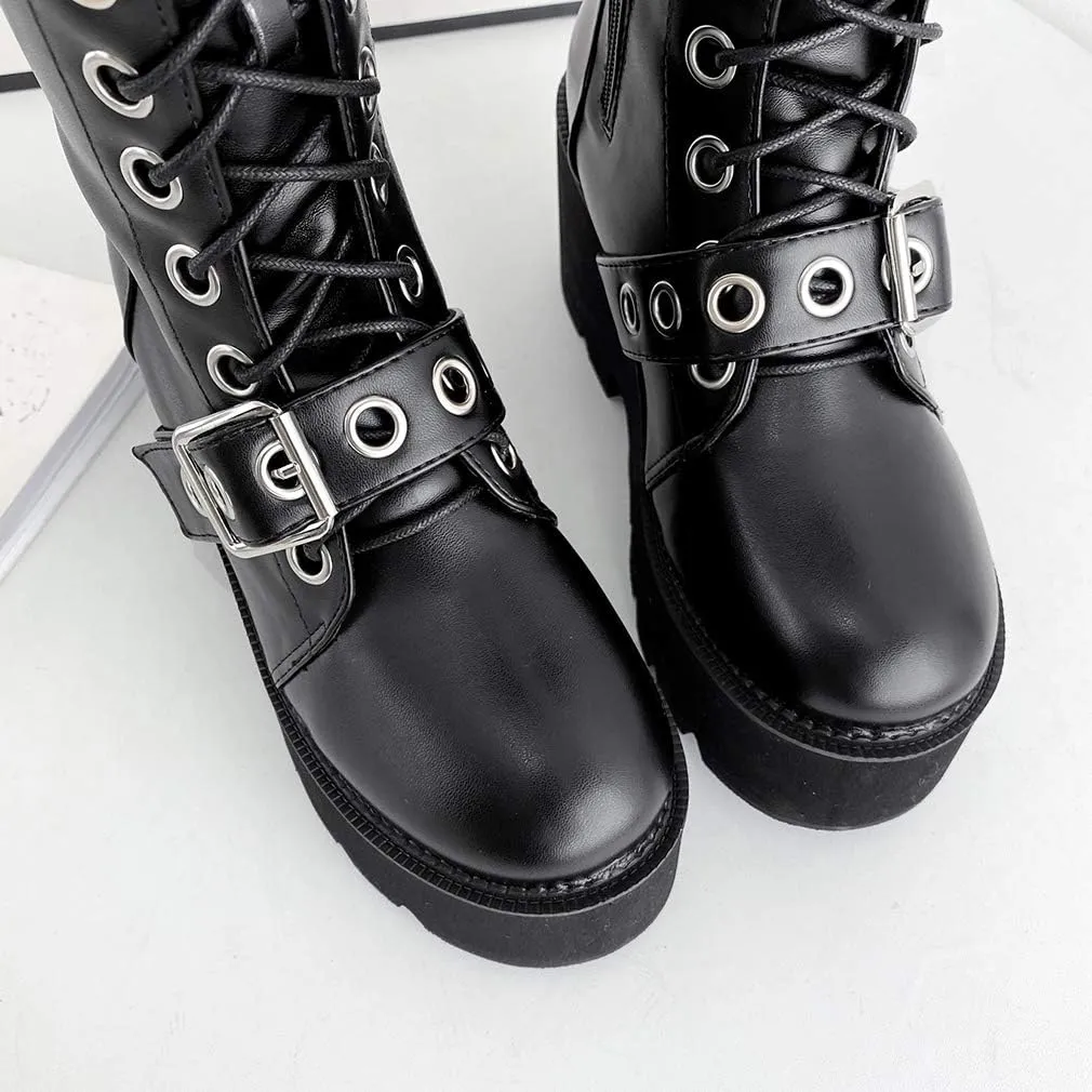 Parisuit Women's Knee High Goth Platform Buckle Boots Chunky High Heel Lace Up Punk Combat Boots with Chain