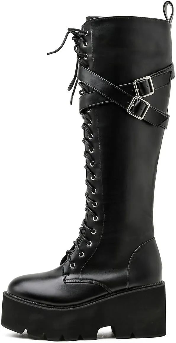 Parisuit Women's Knee High Goth Platform Buckle Boots Chunky High Heel Lace Up Punk Combat Boots with Chain