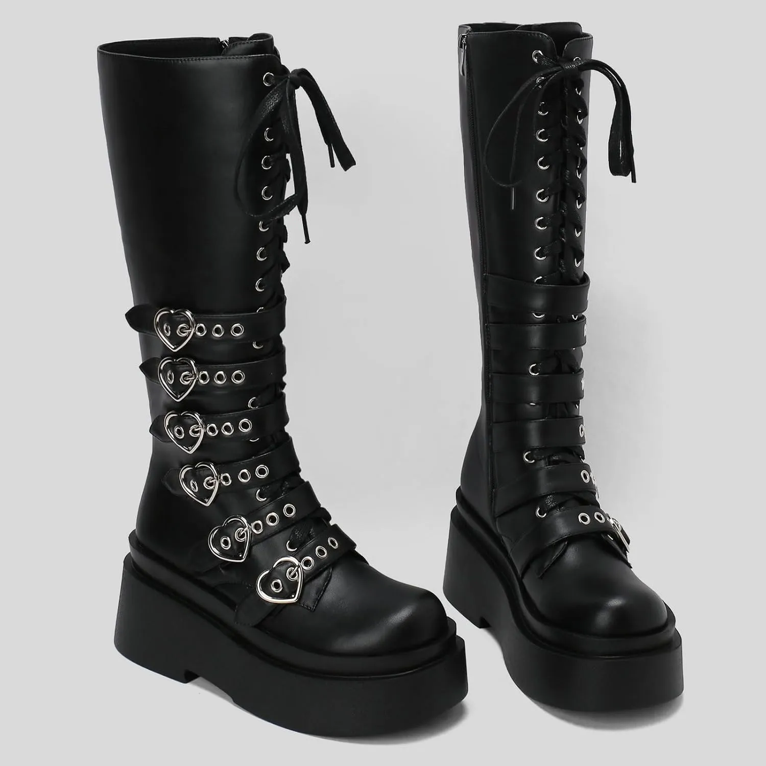Parisuit Women's Knee High Goth Platform Buckle Boots Chunky High Heel Lace Up Punk Combat Boots with Chain