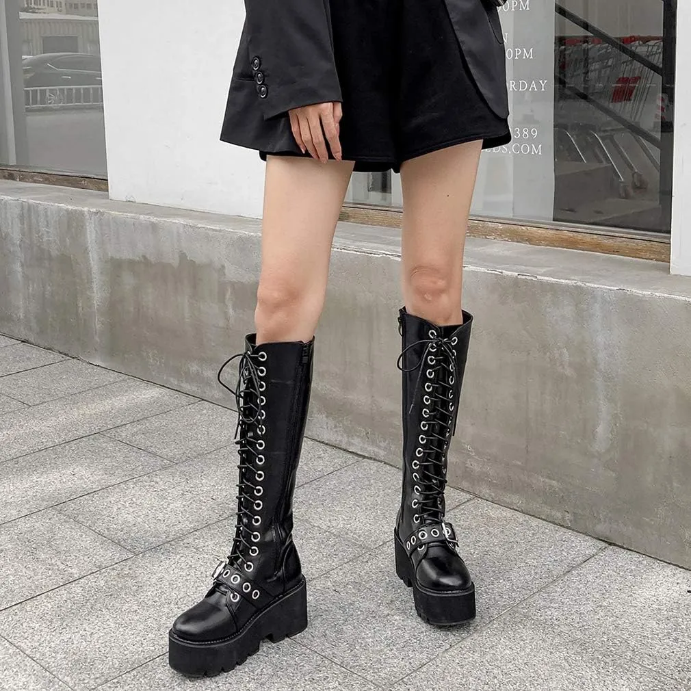 Parisuit Women's Knee High Goth Platform Buckle Boots Chunky High Heel Lace Up Punk Combat Boots with Chain