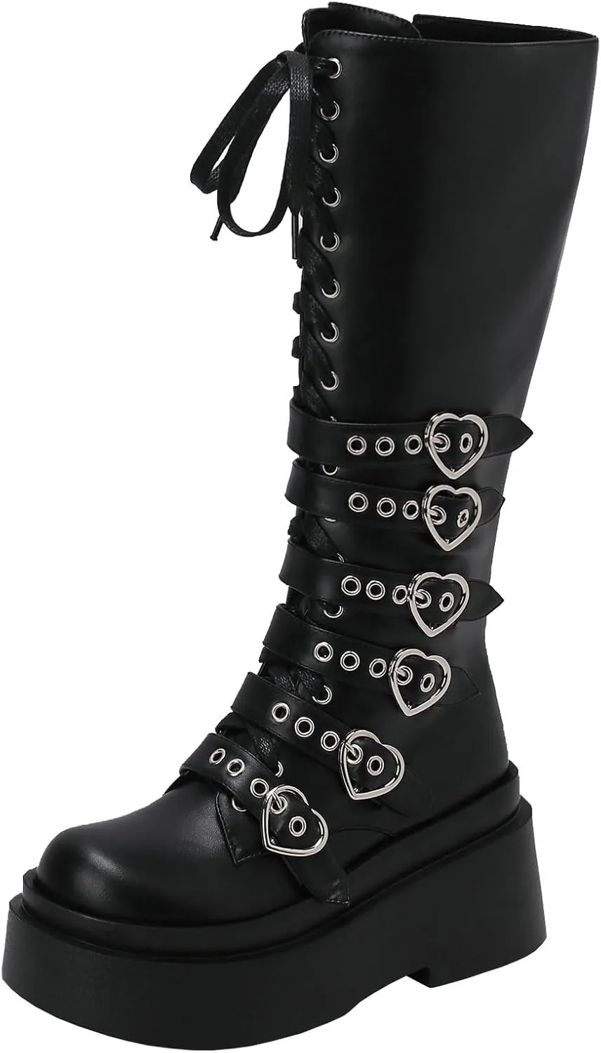 Parisuit Women's Knee High Goth Platform Buckle Boots Chunky High Heel Lace Up Punk Combat Boots with Chain