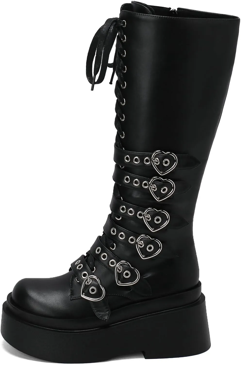 Parisuit Women's Knee High Goth Platform Buckle Boots Chunky High Heel Lace Up Punk Combat Boots with Chain