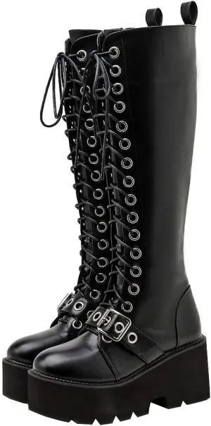Parisuit Women's Knee High Goth Platform Buckle Boots Chunky High Heel Lace Up Punk Combat Boots with Chain