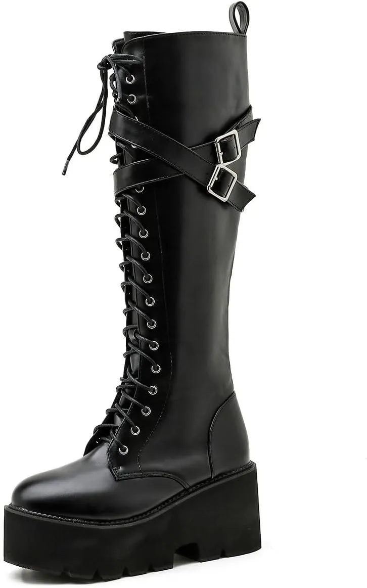 Parisuit Women's Knee High Goth Platform Buckle Boots Chunky High Heel Lace Up Punk Combat Boots with Chain