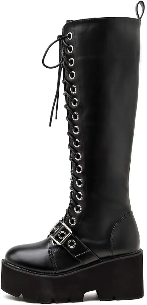 Parisuit Women's Knee High Goth Platform Buckle Boots Chunky High Heel Lace Up Punk Combat Boots with Chain