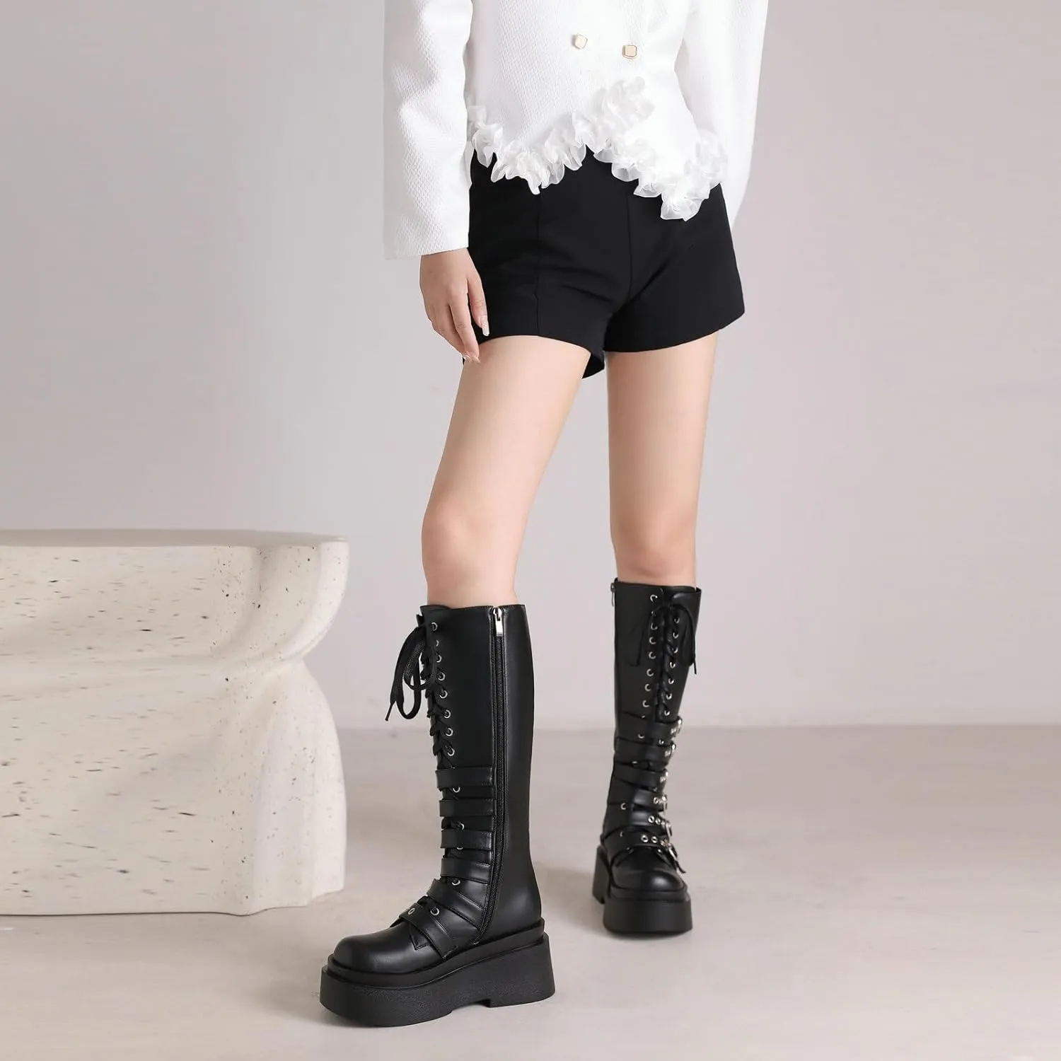 Parisuit Women's Knee High Goth Platform Buckle Boots Chunky High Heel Lace Up Punk Combat Boots with Chain