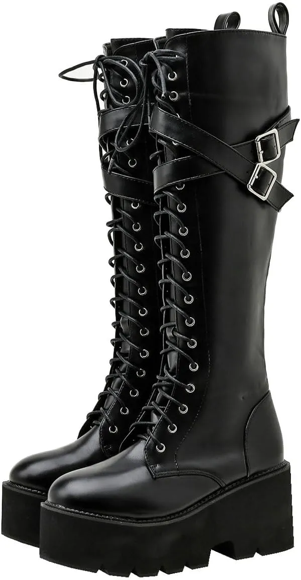 Parisuit Women's Knee High Goth Platform Buckle Boots Chunky High Heel Lace Up Punk Combat Boots with Chain