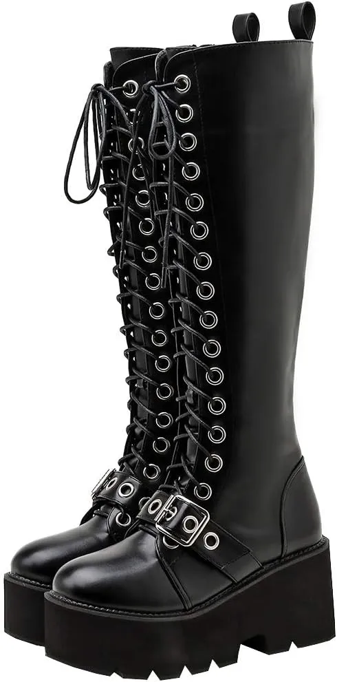 Parisuit Women's Knee High Goth Platform Buckle Boots Chunky High Heel Lace Up Punk Combat Boots with Chain