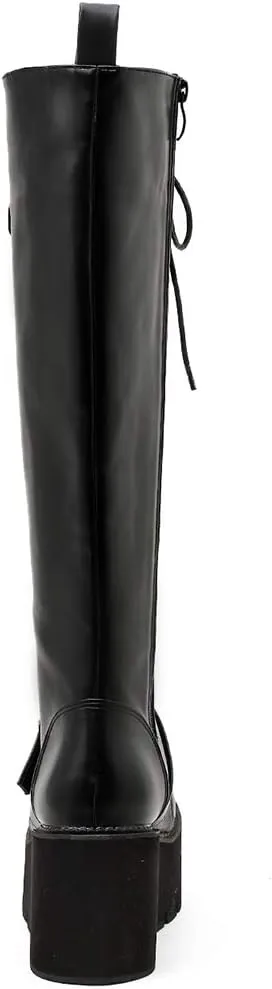 Parisuit Women's Knee High Goth Platform Buckle Boots Chunky High Heel Lace Up Punk Combat Boots with Chain