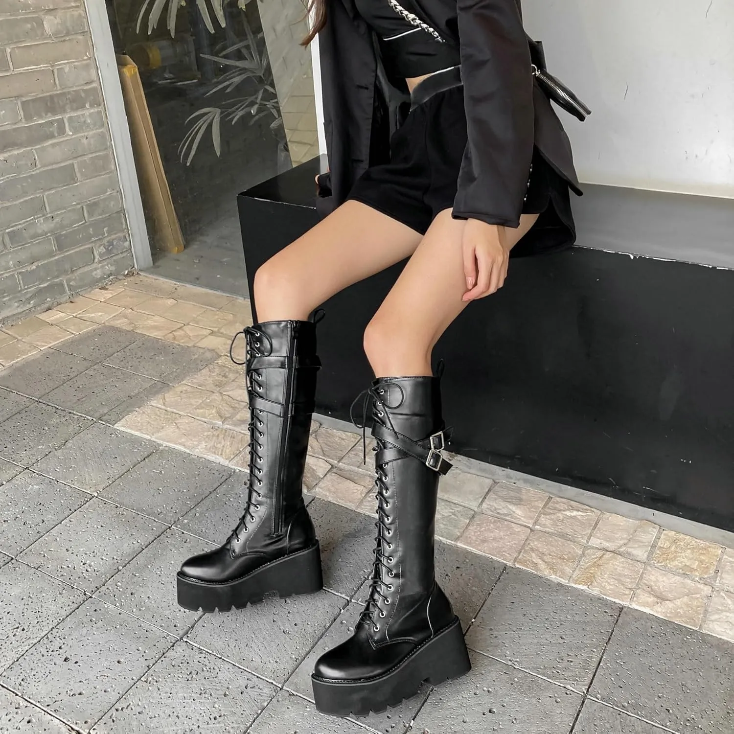 Parisuit Women's Knee High Goth Platform Buckle Boots Chunky High Heel Lace Up Punk Combat Boots with Chain