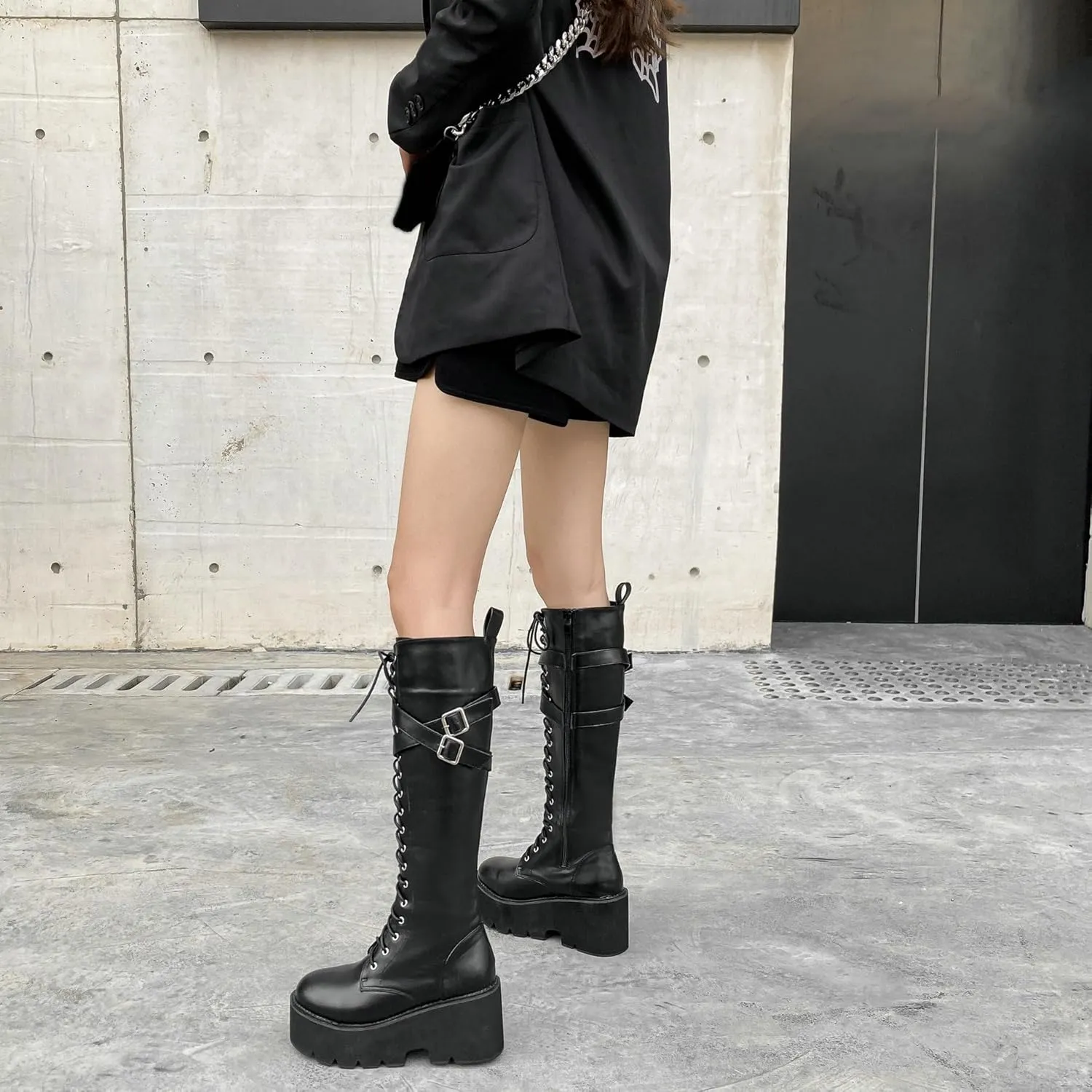 Parisuit Women's Knee High Goth Platform Buckle Boots Chunky High Heel Lace Up Punk Combat Boots with Chain