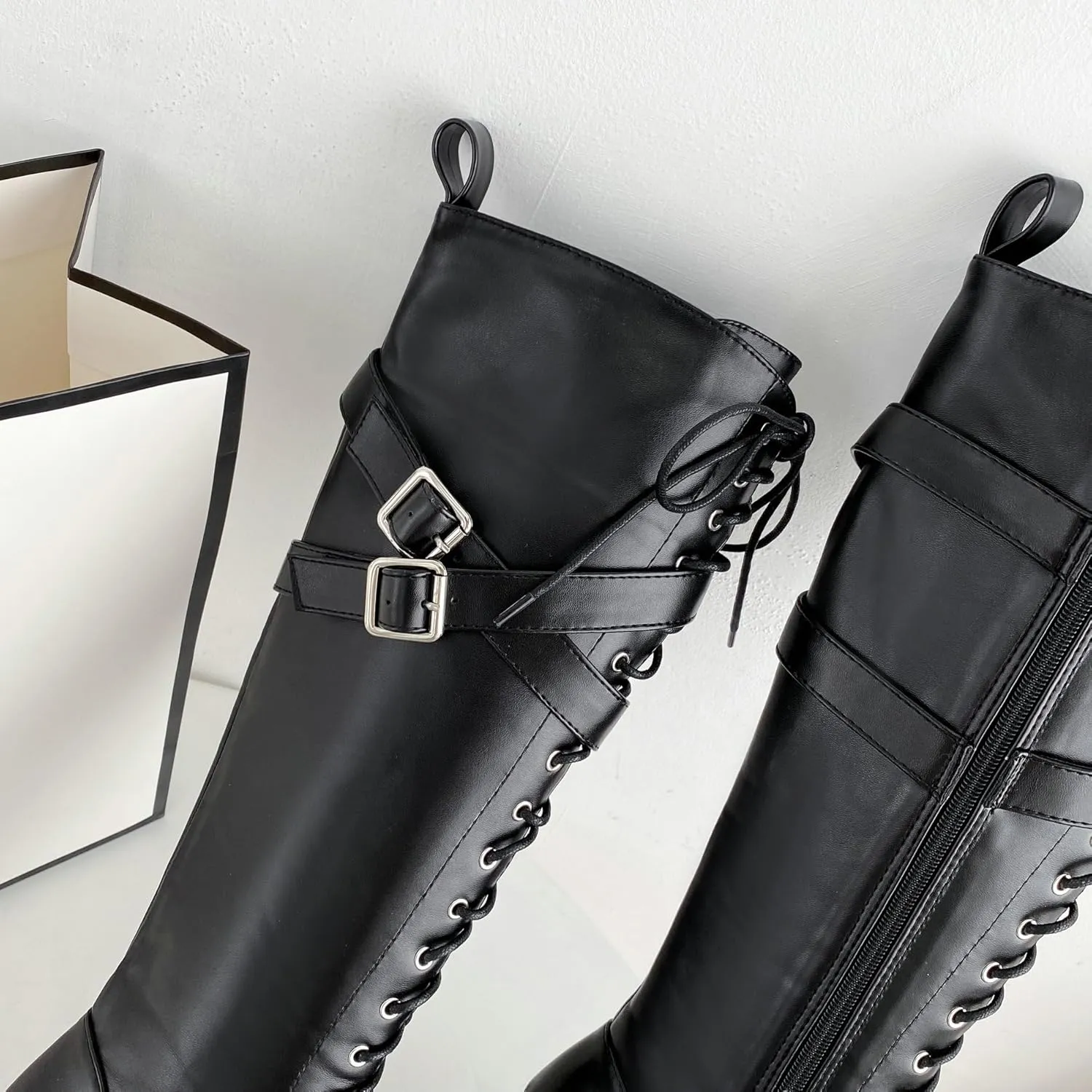 Parisuit Women's Knee High Goth Platform Buckle Boots Chunky High Heel Lace Up Punk Combat Boots with Chain