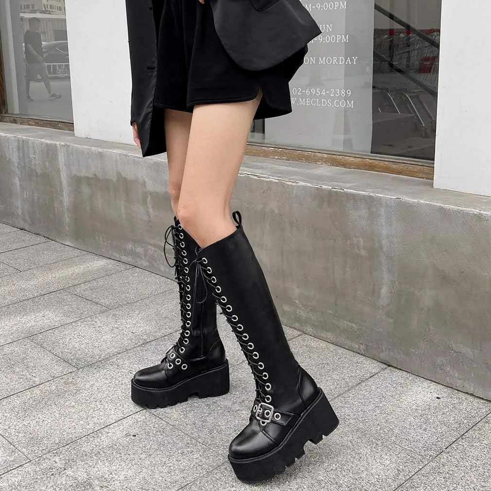 Parisuit Women's Knee High Goth Platform Buckle Boots Chunky High Heel Lace Up Punk Combat Boots with Chain