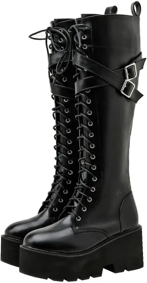 Parisuit Women's Knee High Goth Platform Buckle Boots Chunky High Heel Lace Up Punk Combat Boots with Chain