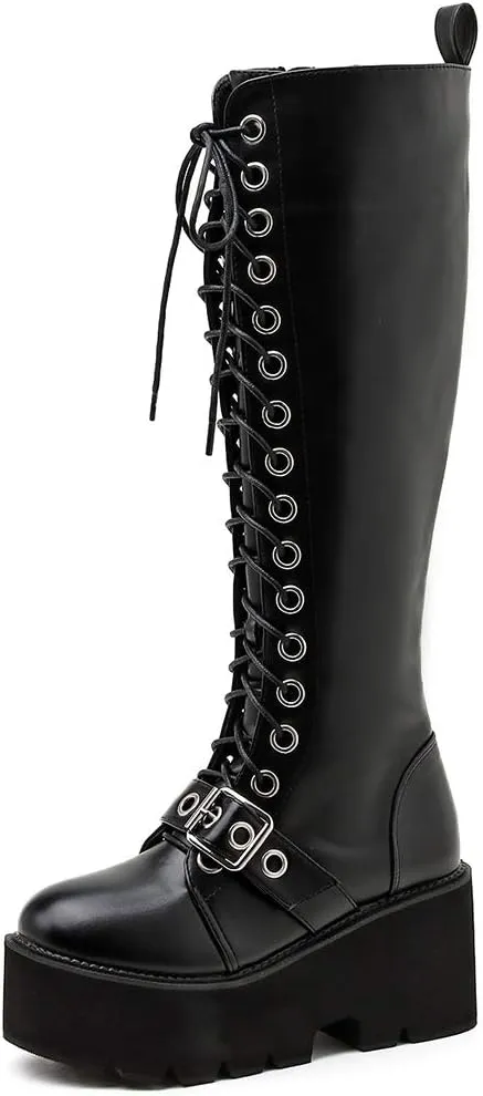 Parisuit Women's Knee High Goth Platform Buckle Boots Chunky High Heel Lace Up Punk Combat Boots with Chain