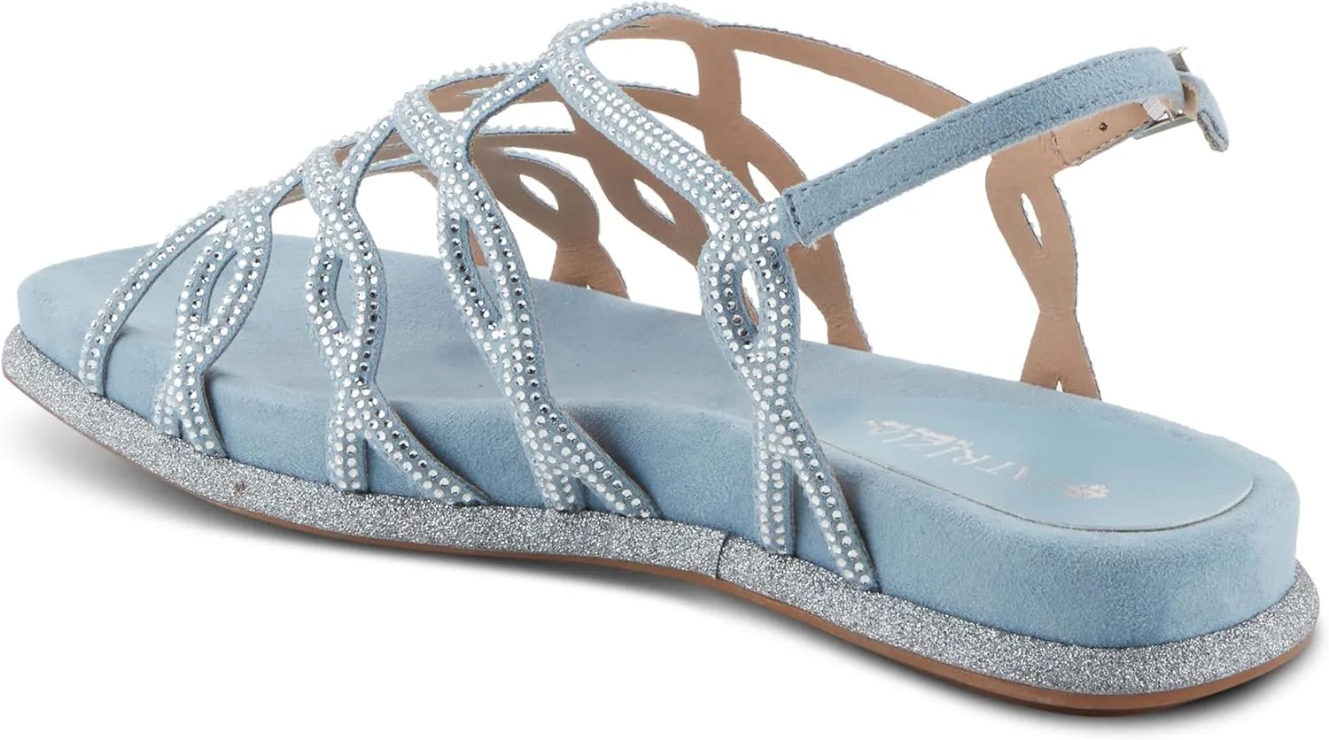 PATRIZIA Women's GLAMGLOSS Flat Sandal – Jeweled Rhinestone Microsuede Open Toe Sandals with Adjustable Buckle