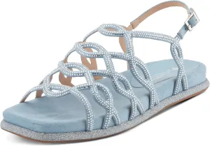PATRIZIA Women's GLAMGLOSS Flat Sandal – Jeweled Rhinestone Microsuede Open Toe Sandals with Adjustable Buckle