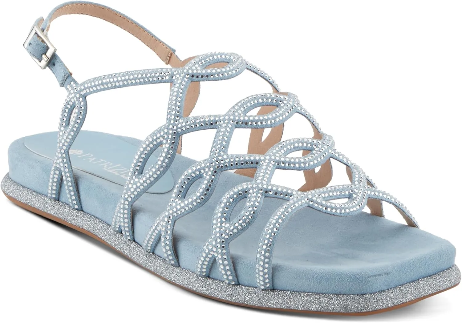 PATRIZIA Women's GLAMGLOSS Flat Sandal – Jeweled Rhinestone Microsuede Open Toe Sandals with Adjustable Buckle