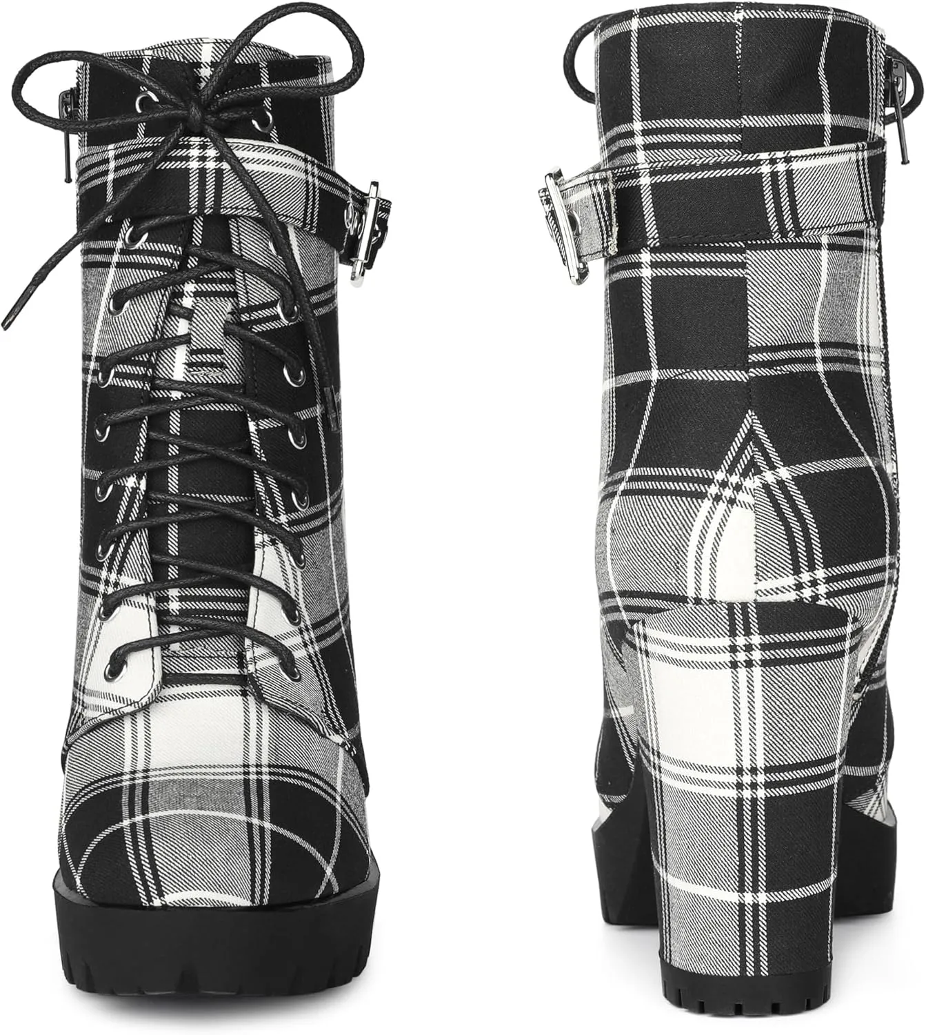 Perphy Platform Lace Up Chunky Heel Plaid Printed Ankle Combat Boots for Women