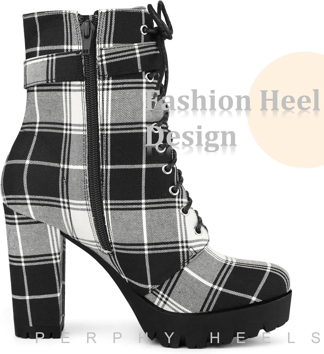 Perphy Platform Lace Up Chunky Heel Plaid Printed Ankle Combat Boots for Women