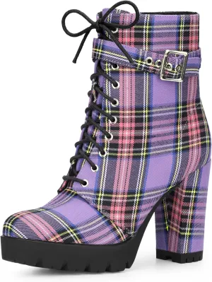 Perphy Platform Lace Up Chunky Heel Plaid Printed Ankle Combat Boots for Women