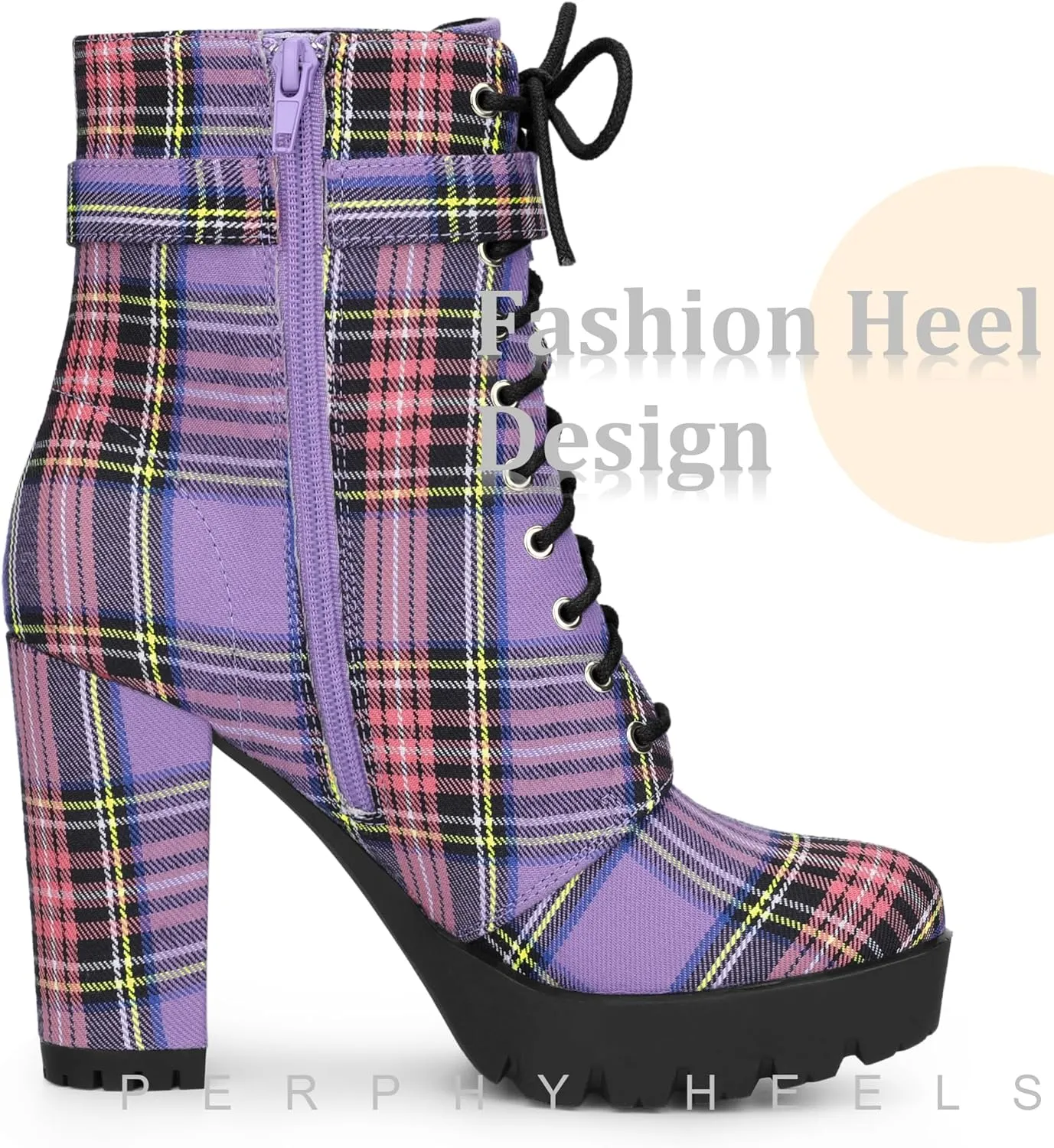 Perphy Platform Lace Up Chunky Heel Plaid Printed Ankle Combat Boots for Women