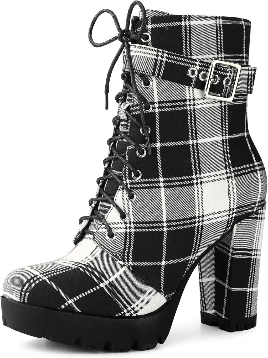 Perphy Platform Lace Up Chunky Heel Plaid Printed Ankle Combat Boots for Women
