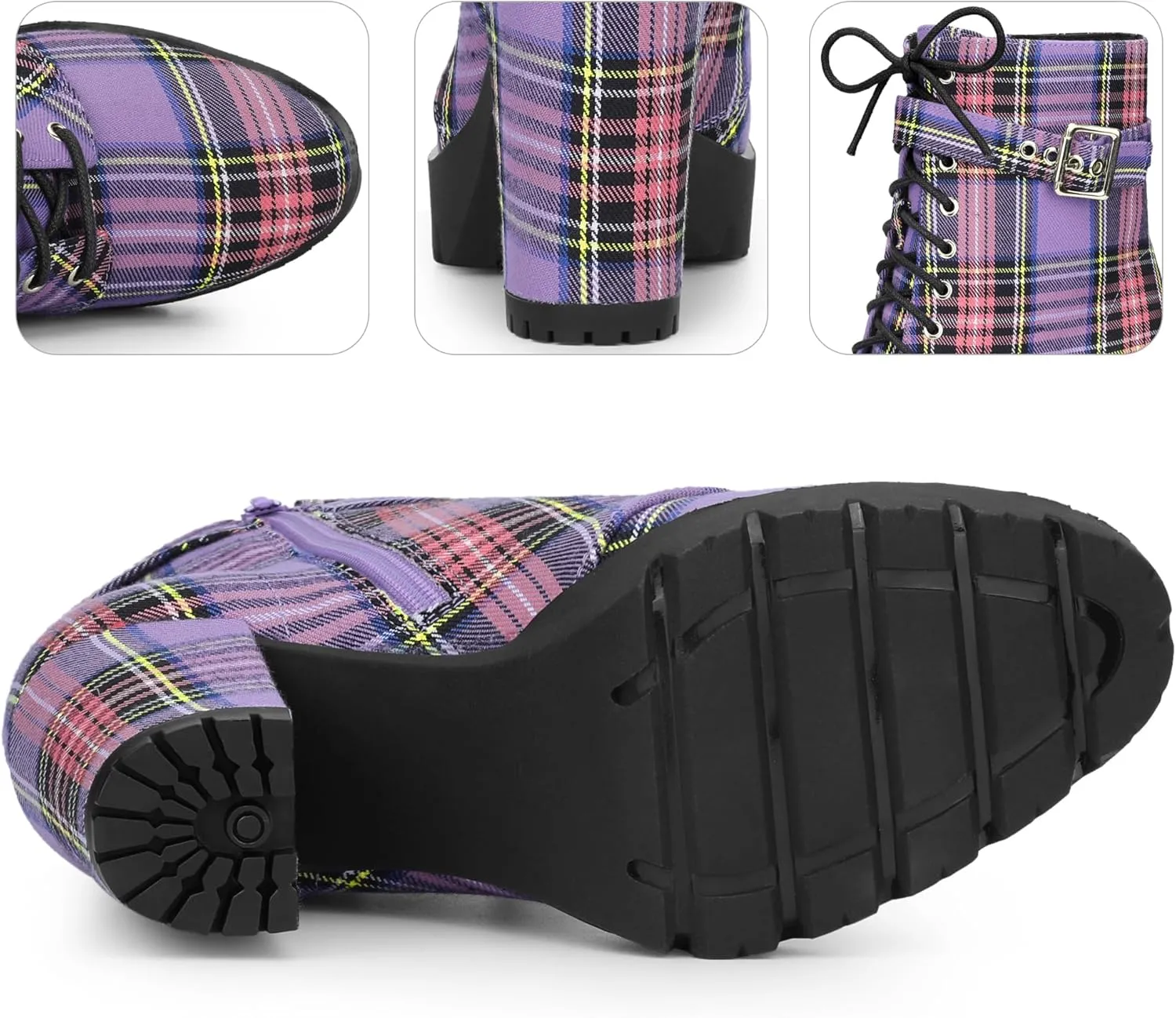 Perphy Platform Lace Up Chunky Heel Plaid Printed Ankle Combat Boots for Women