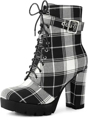 Perphy Platform Lace Up Chunky Heel Plaid Printed Ankle Combat Boots for Women