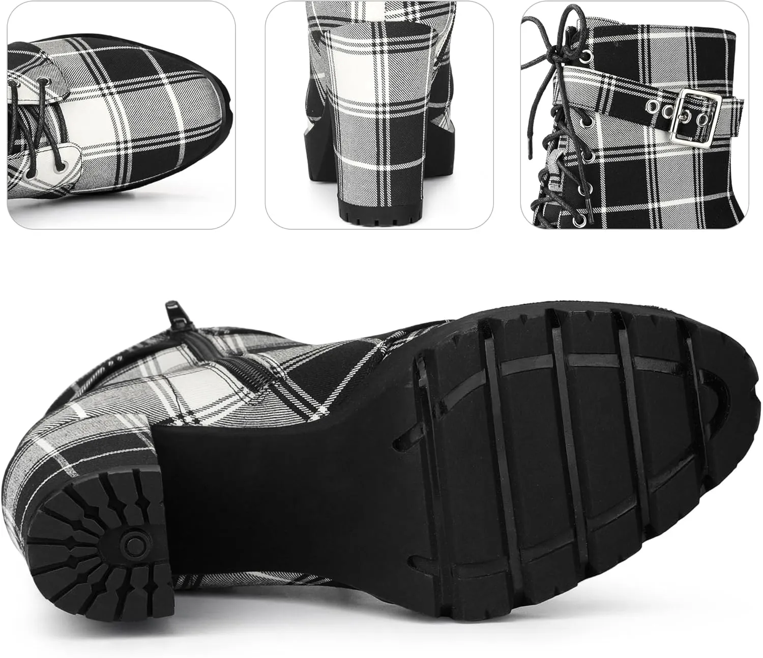 Perphy Platform Lace Up Chunky Heel Plaid Printed Ankle Combat Boots for Women