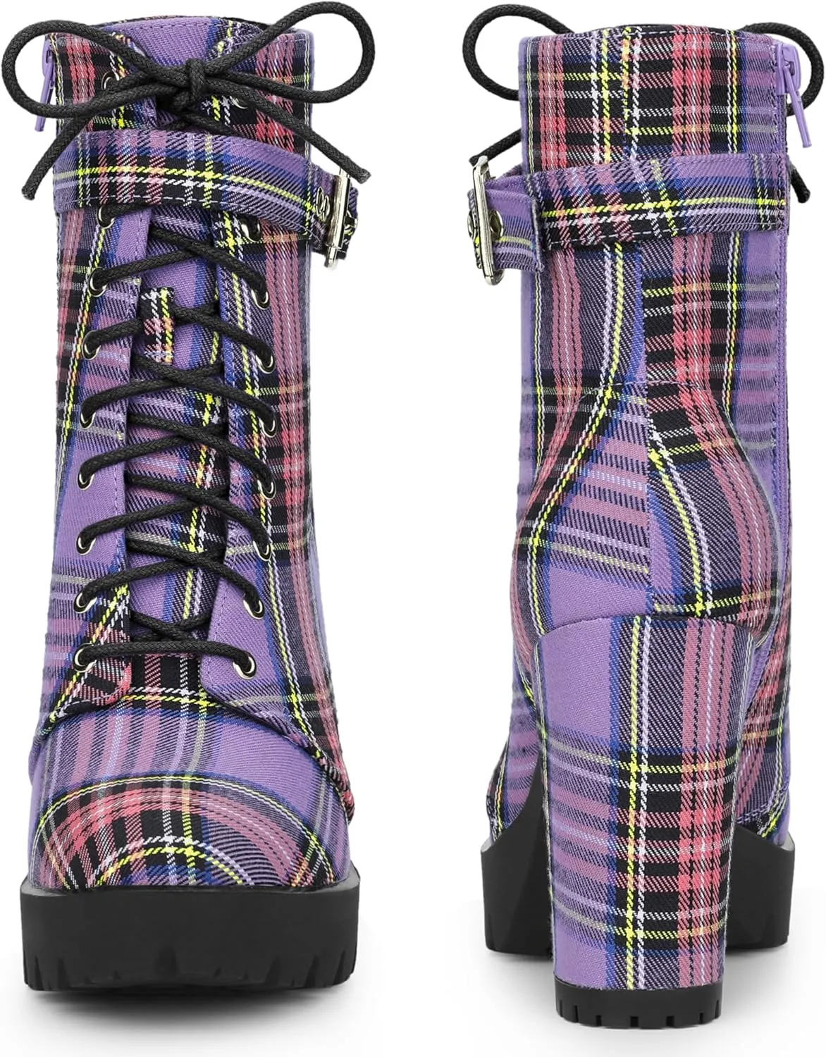 Perphy Platform Lace Up Chunky Heel Plaid Printed Ankle Combat Boots for Women