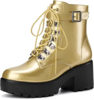 Perphy Round Toe Platform Chunky Heels Combat Boots for Women