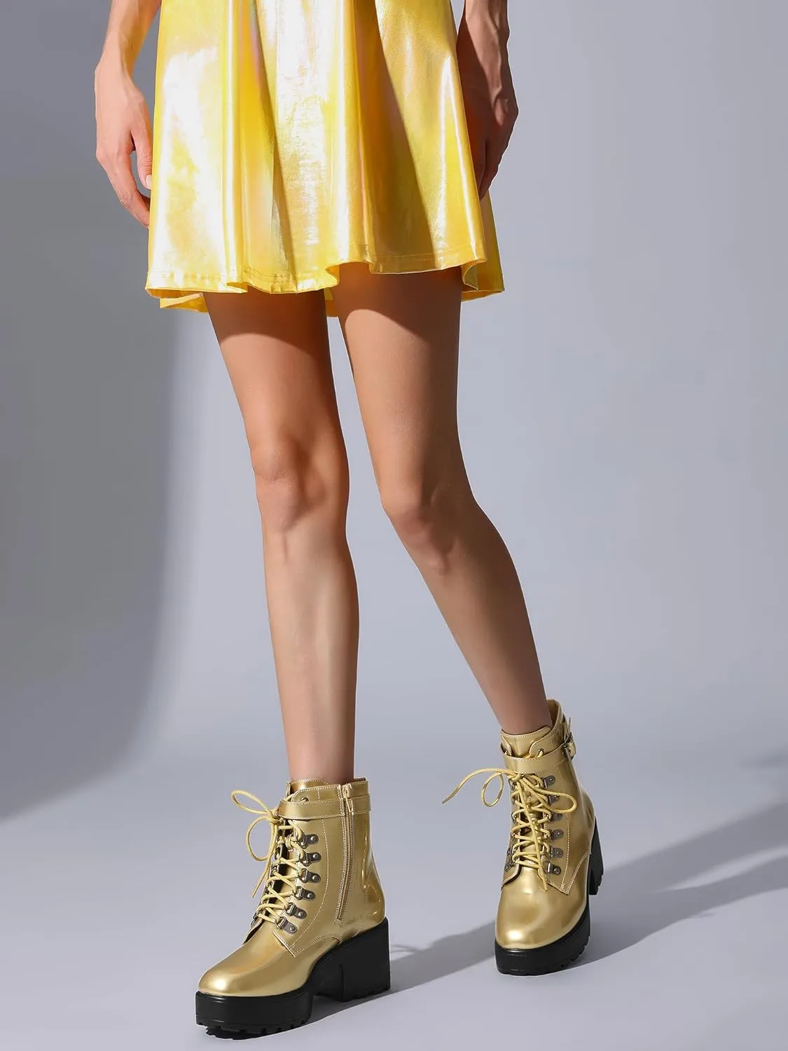 Perphy Round Toe Platform Chunky Heels Combat Boots for Women