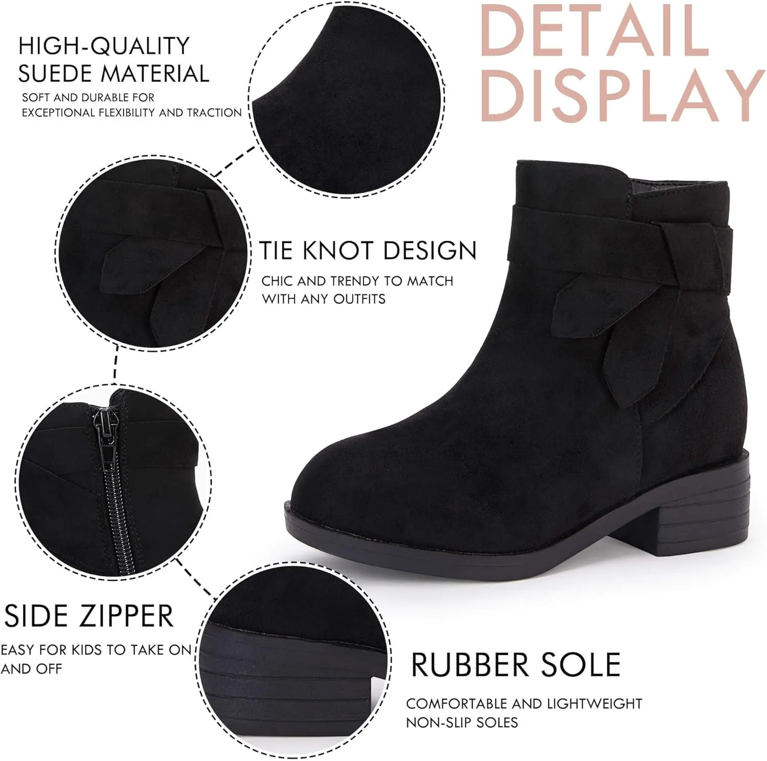 PiePieBuy Kids Girls Tie Knot Ankle Boots Chunky Low Block Heel Chelsea Dress Booties Winter Shoes With Zipper