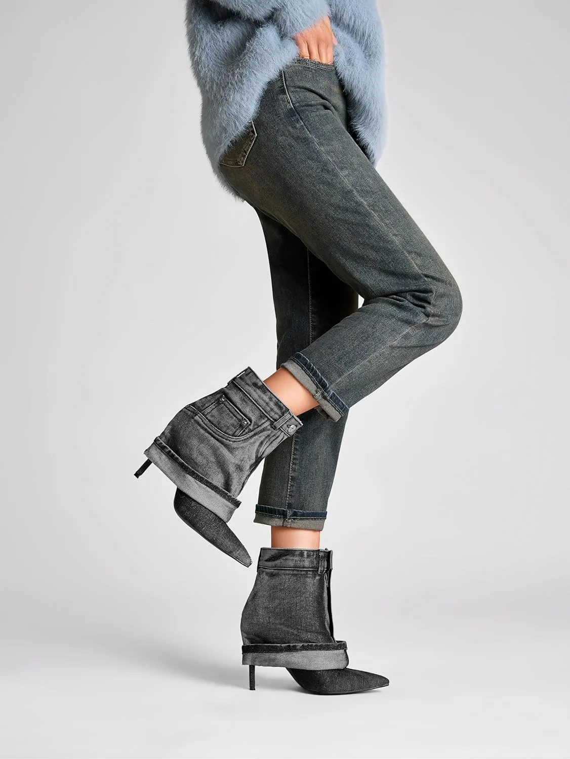 Pointed Toe Fine Stiletto High Heel Ankle Denim Booties for women Fold Over Ankle Short Jean Boots Fashion Women's Shoes
