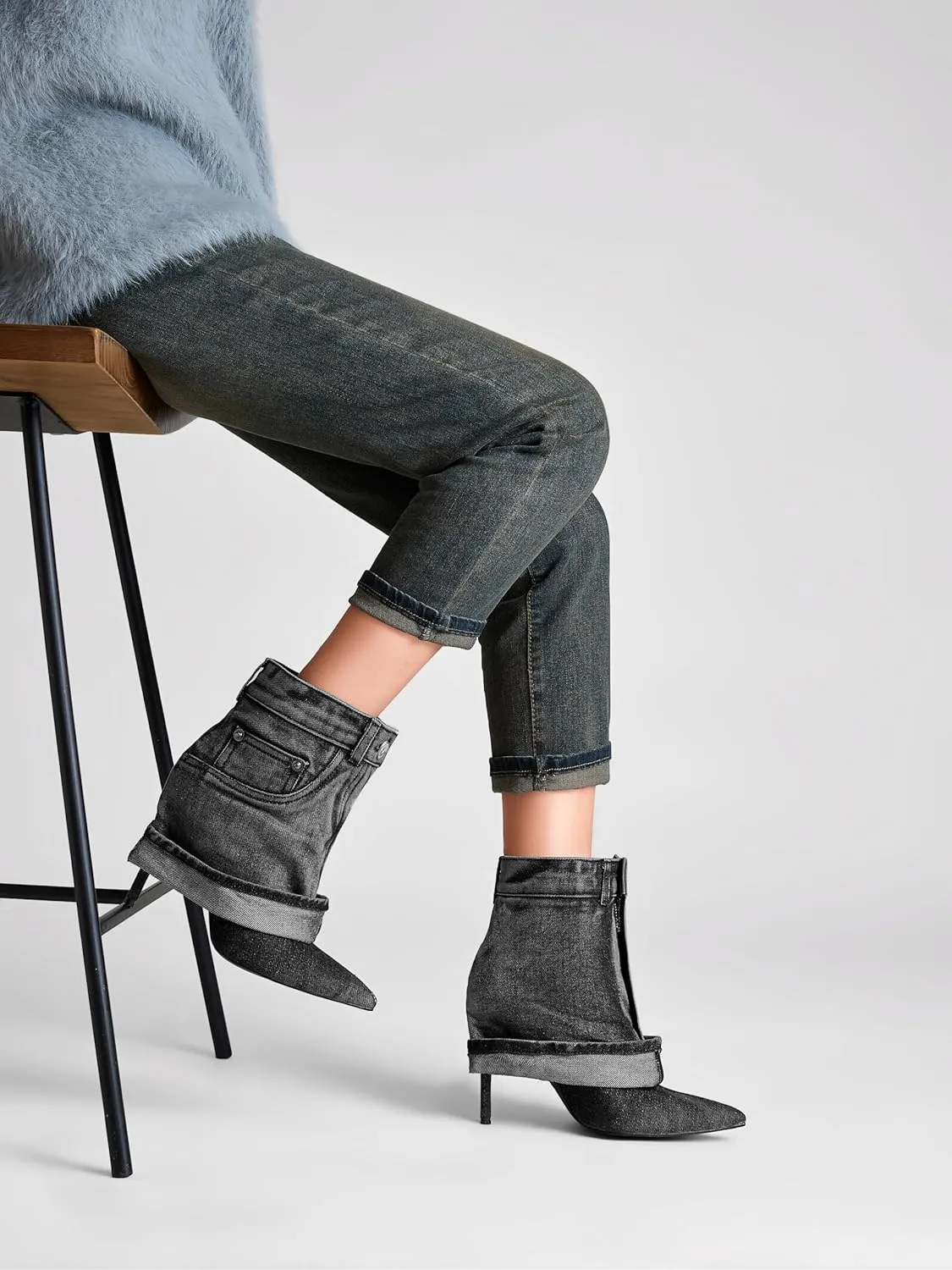 Pointed Toe Fine Stiletto High Heel Ankle Denim Booties for women Fold Over Ankle Short Jean Boots Fashion Women's Shoes
