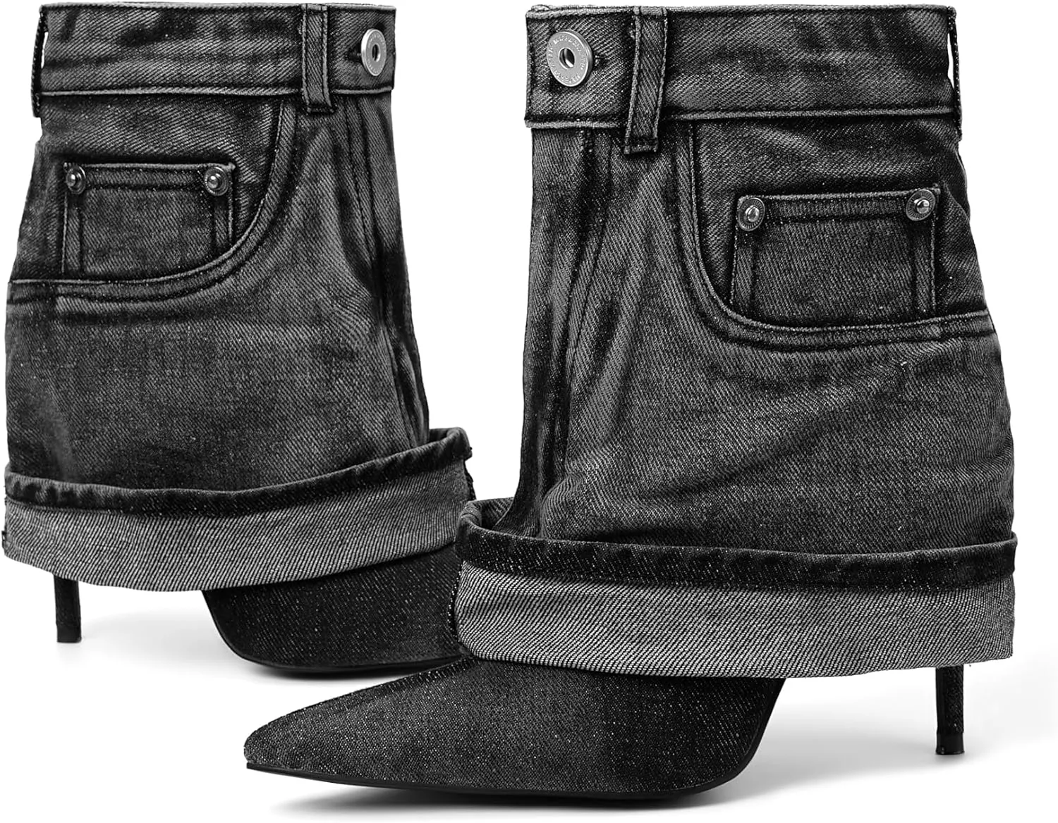 Pointed Toe Fine Stiletto High Heel Ankle Denim Booties for women Fold Over Ankle Short Jean Boots Fashion Women's Shoes