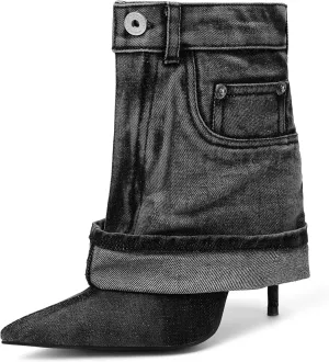 Pointed Toe Fine Stiletto High Heel Ankle Denim Booties for women Fold Over Ankle Short Jean Boots Fashion Women's Shoes