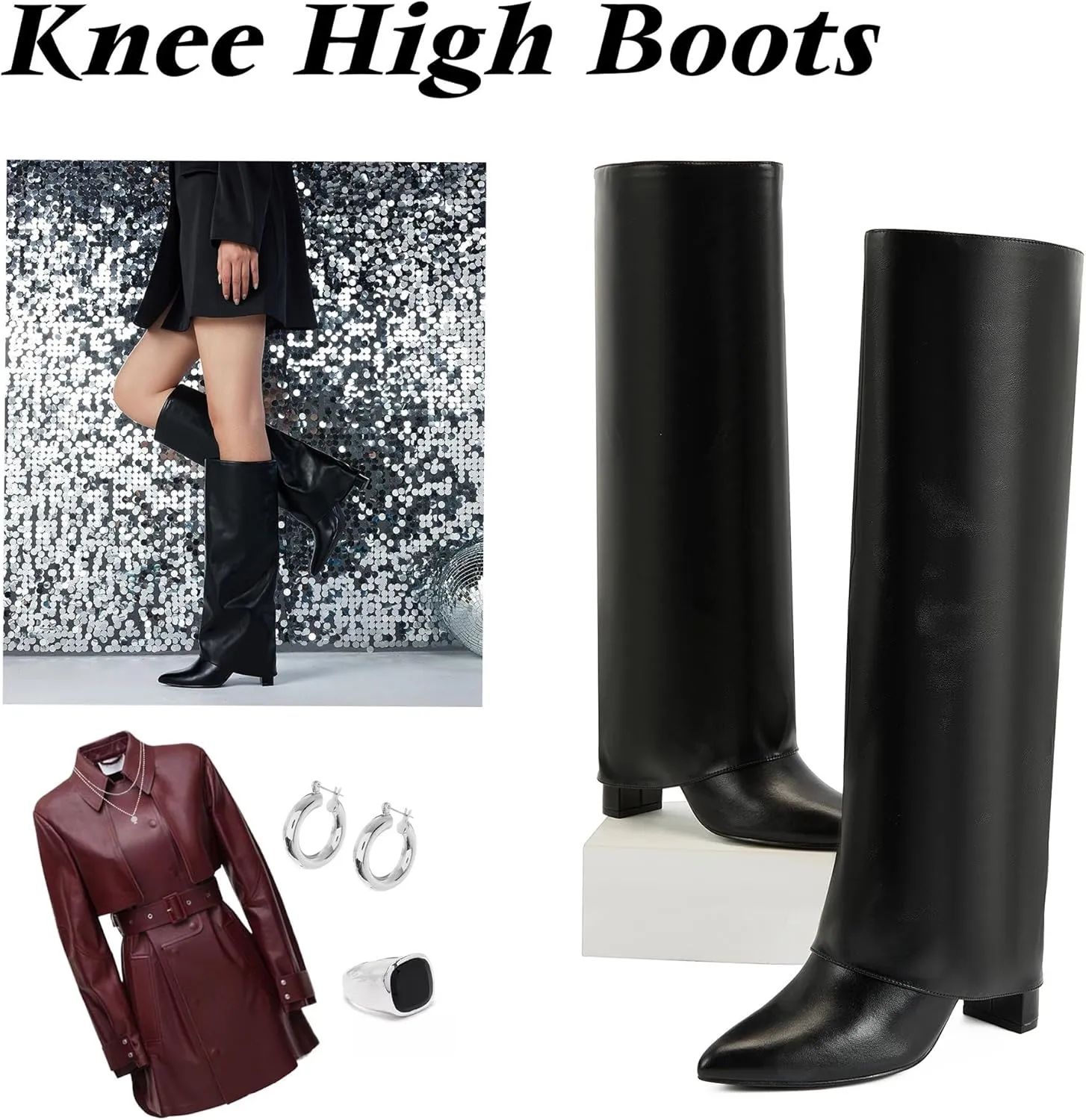 Putu Fold Over Boots for Women Knee High Boots Chunky High Heel Tall Boots with Pointed Toe