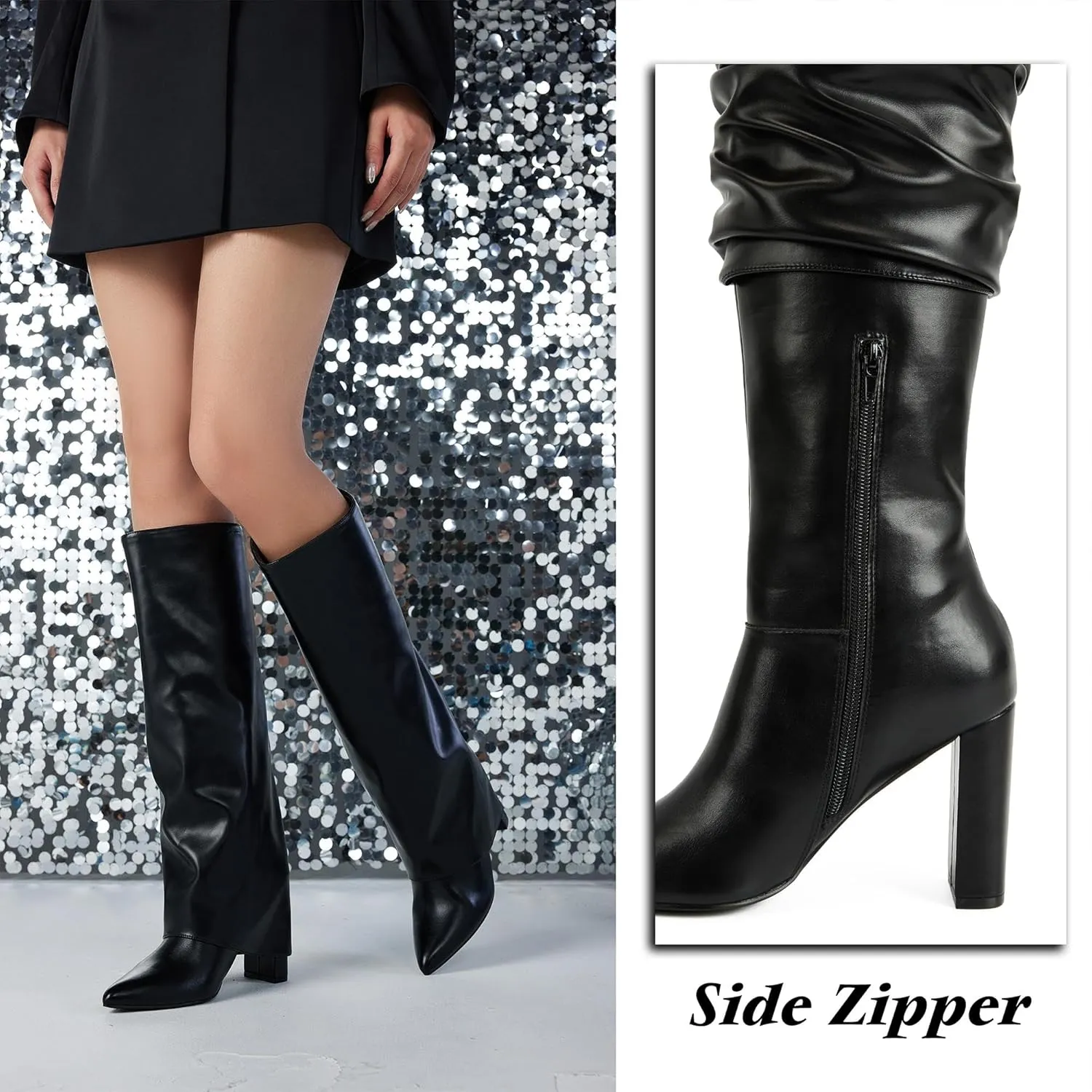 Putu Fold Over Boots for Women Knee High Boots Chunky High Heel Tall Boots with Pointed Toe